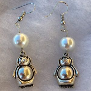 White Glass Pearl Penguin Dangle Earrings